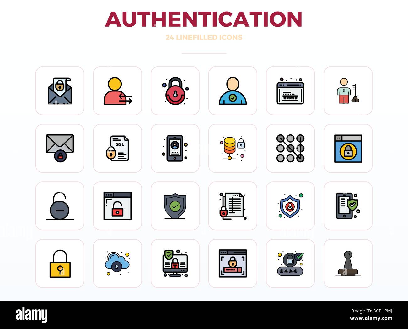 Distinctive pack of 24 PIXEL perfect vector icons inspired by Authentication, crafted in LineFill format at 128x128 for memorable brand experiences. Stock Vector