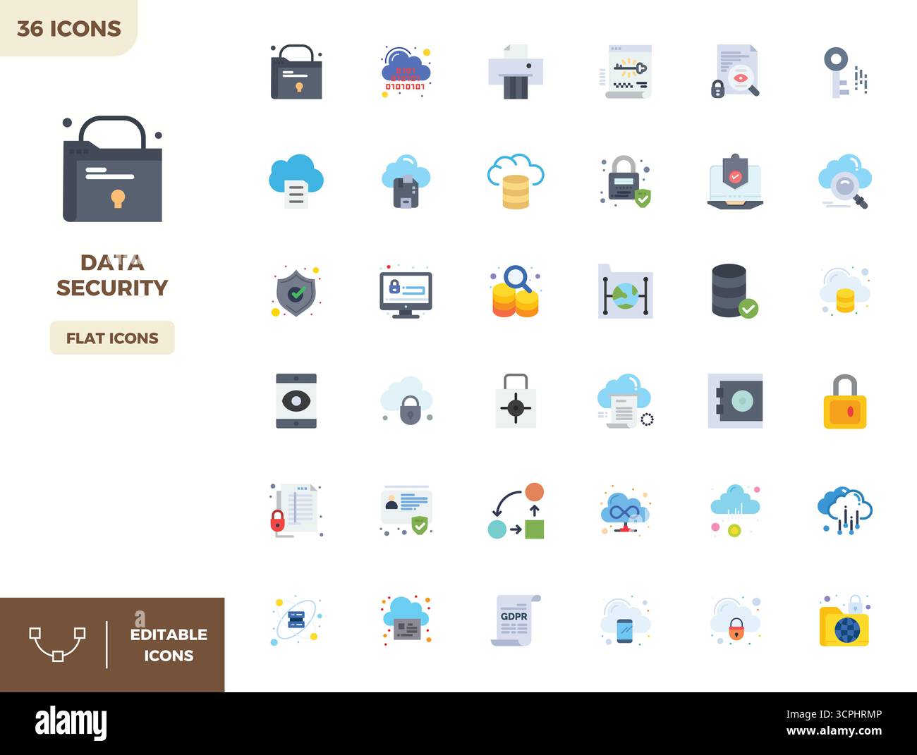 A clean collection of 36 Flat Color vector icons representing Data Security, designed in 128x128 PIXEL perfect format for modern dashboards and interf Stock Vector