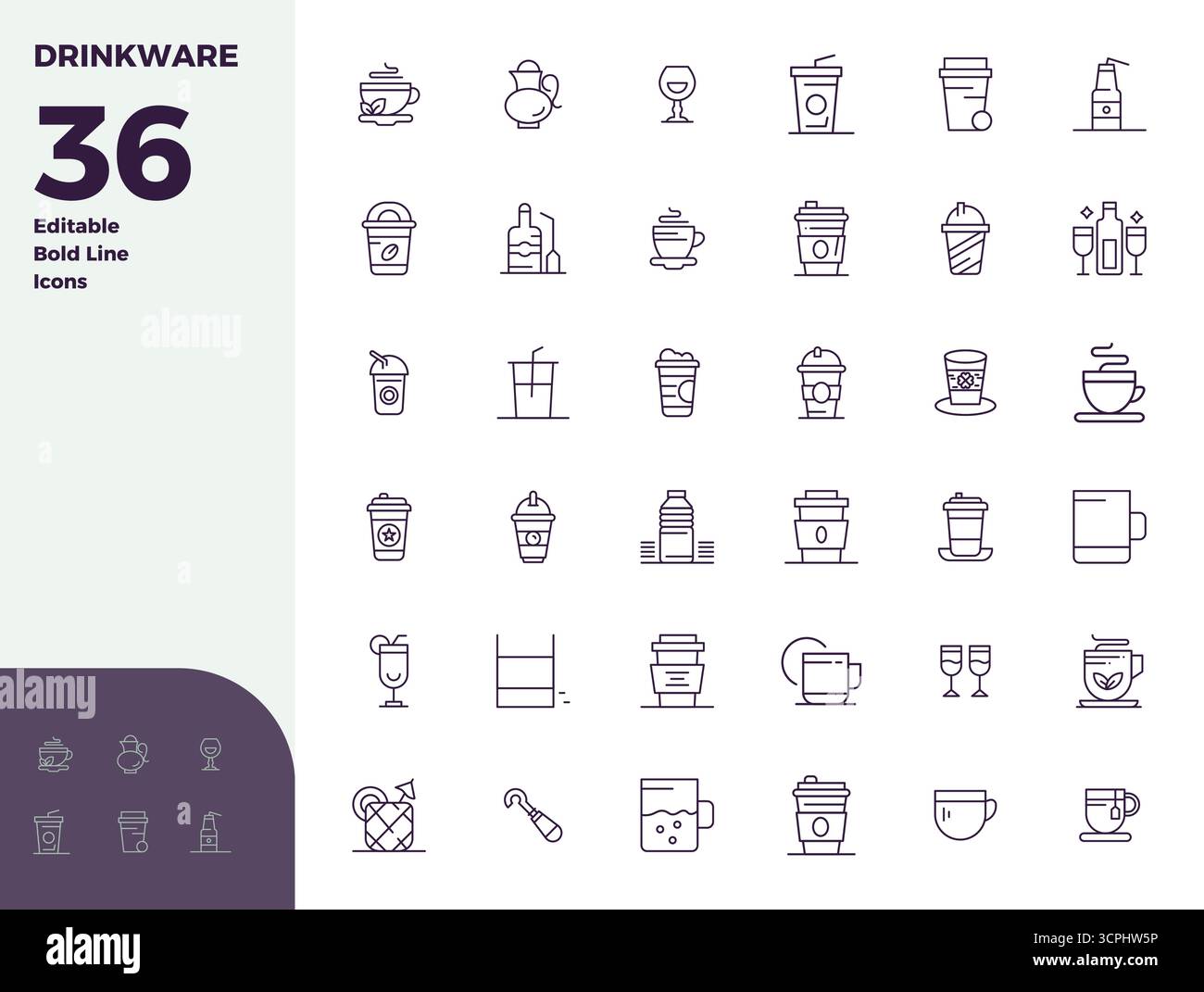 Handcrafted collection featuring 36 Bold Line vector icons for Drinkware, optimized in 128x128 PIXEL perfect resolution for premium digital experience Stock Vector