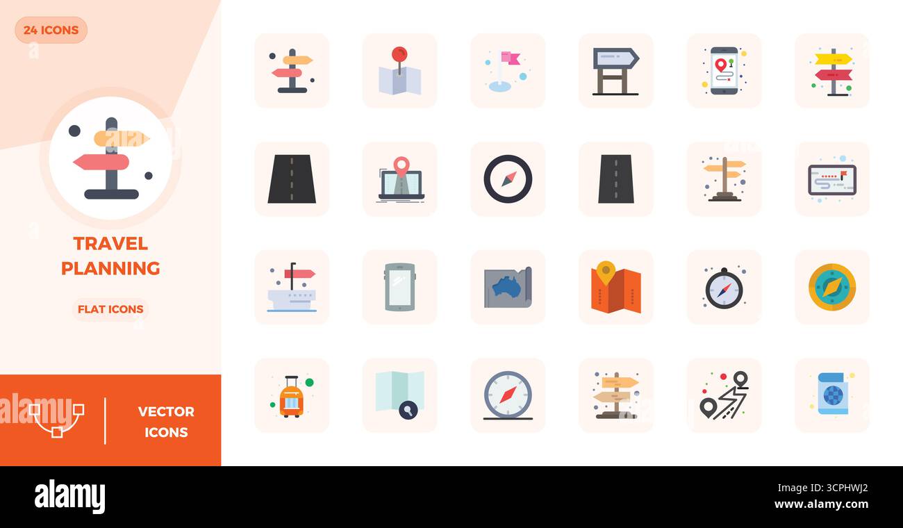 Set of 24 Flat PIXEL perfect vector icons themed around Travel Planning ...