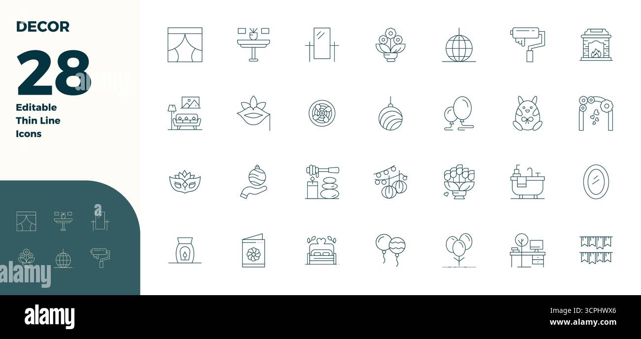 Unlock 28 Thin Line PIXEL perfect vector icons inspired by Decor, optimized in 128x128 format for flawless display across all devices. Stock Vector