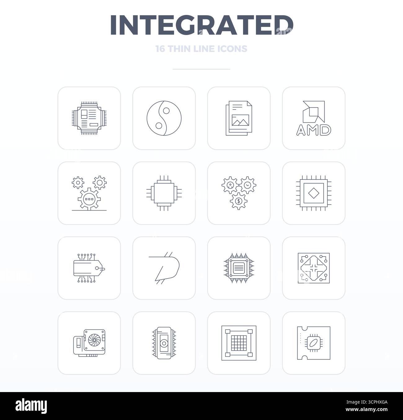 Masterfully created 16 vector icons representing Integrated in Thin Outline design, featuring 128x128 PIXEL perfect resolution for exceptional visual Stock Vector