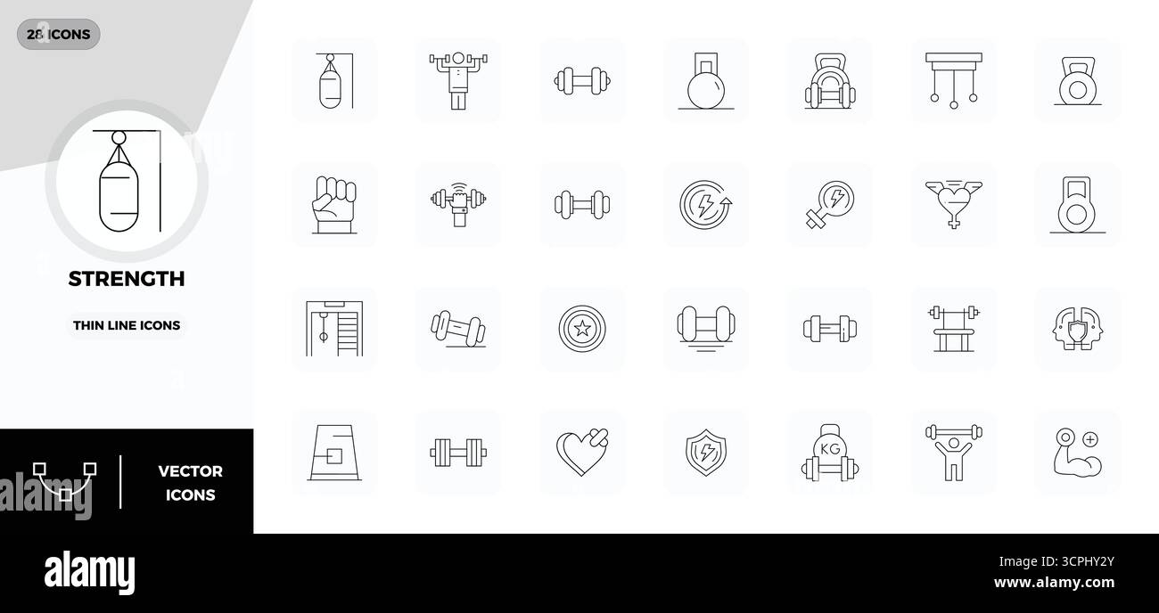 Curated pack of 28 128x128 vector icons in Thin Line design, centered around Strength concepts with PIXEL perfect clarity. Stock Vector