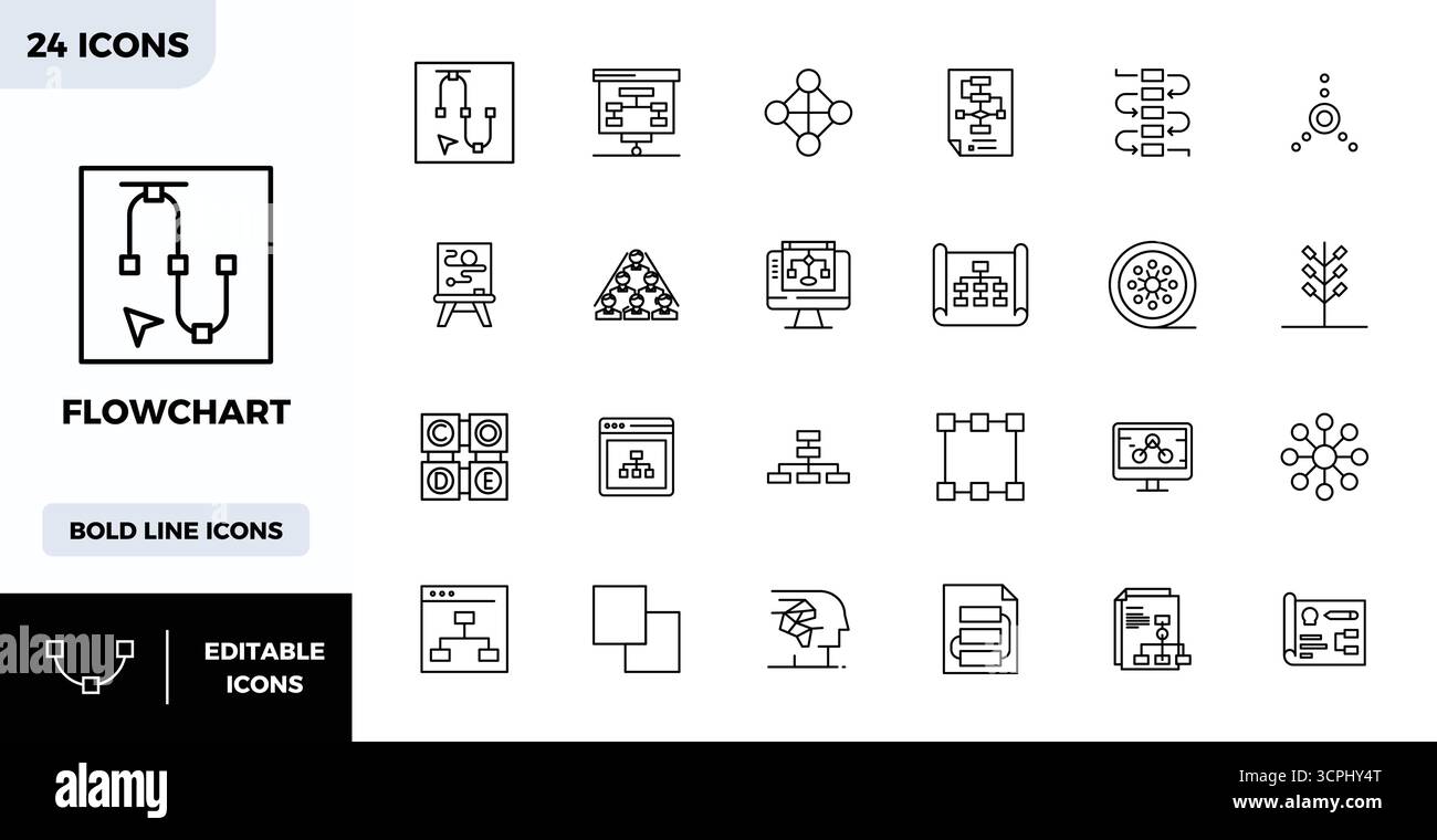 This collection features 24 Heavy Line PIXEL perfect vector icons tailored to the Flowchart theme, optimized in 128x128 format for digital design. Stock Vector
