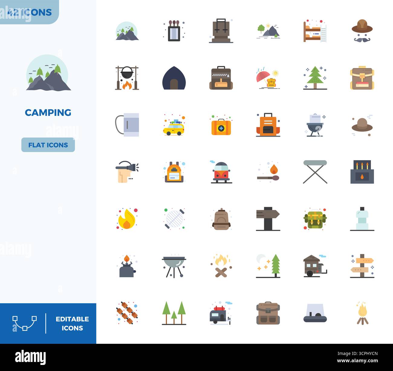 This set of 42 Flat Color vector icons captures Camping themes in 128x128 PIXEL perfect quality, perfect for tech and business applications. Stock Vector