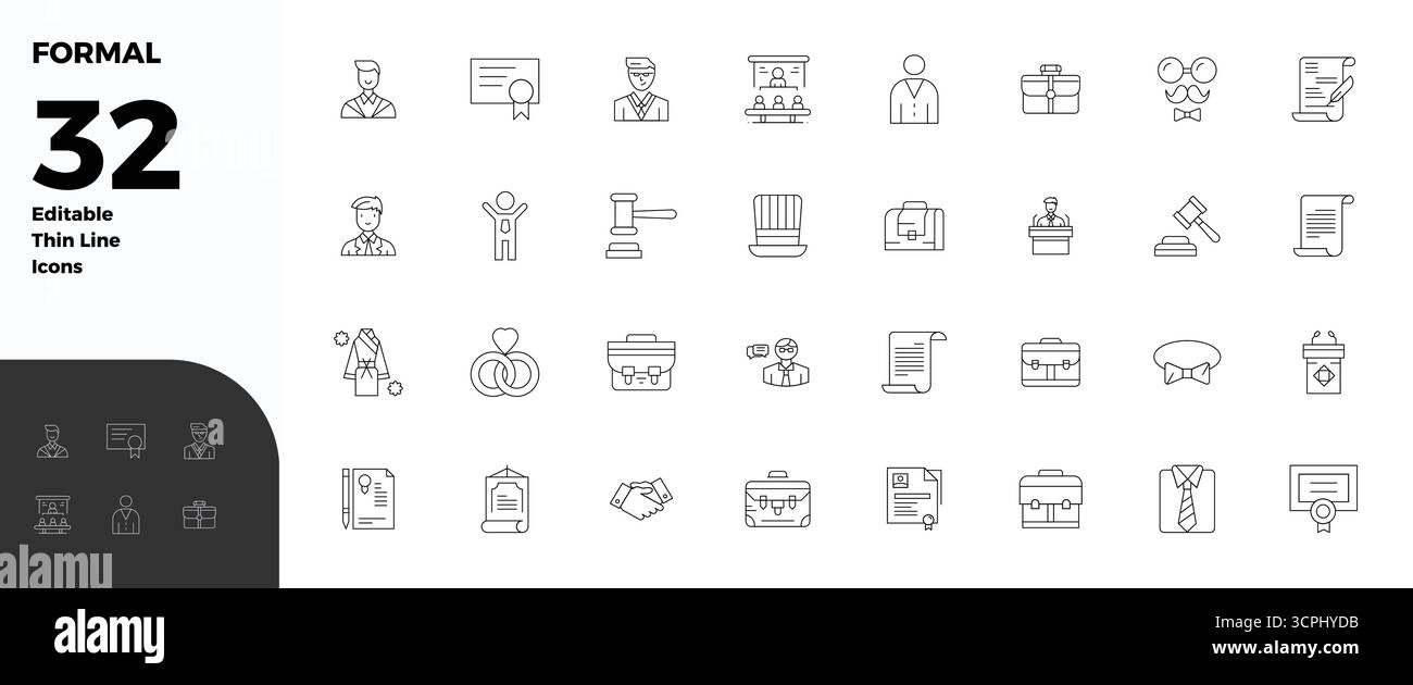 Refined bundle featuring 32 Thin Line vector icons for Formal, optimized with 128x128 PIXEL perfect quality for elegant and functional design solution Stock Vector