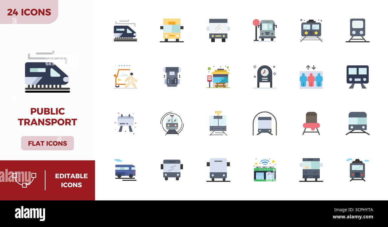 Perfectly balanced 24 Flat Color PIXEL perfect vector icons for Public Transport, sized at 128x128 for harmonious integration in digital design projec Stock Vector