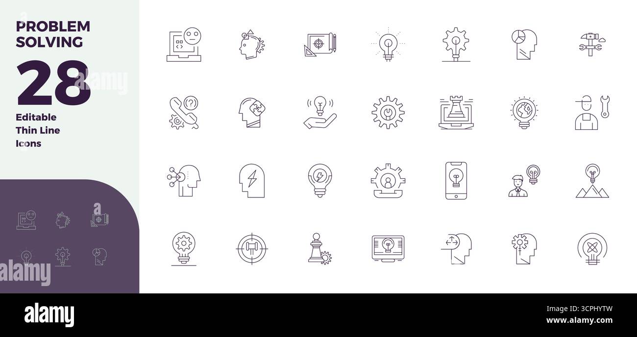 Artfully designed 28 Thin Line PIXEL perfect vector icons for Problem Solving, delivered in 128x128 format for consistent visual excellence. Stock Vector