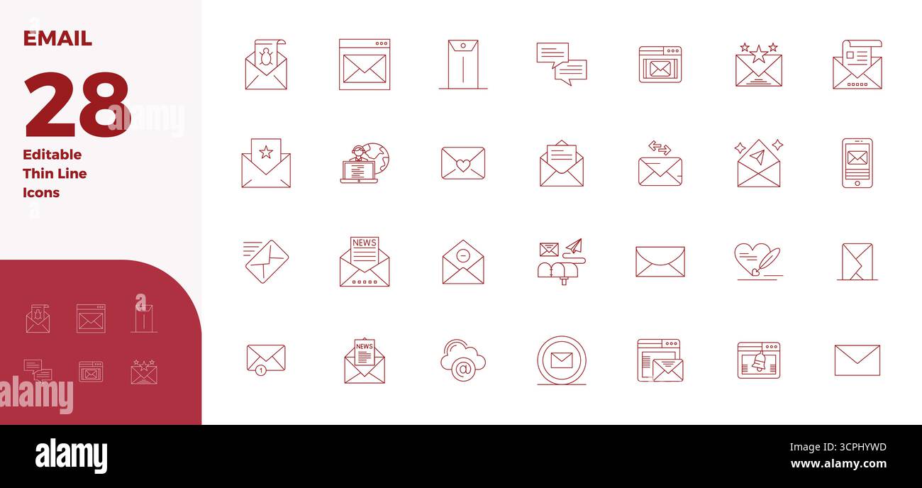 Masterfully created 28 vector icons representing EMail in Thin Line design, featuring 128x128 PIXEL perfect resolution for exceptional visual quality. Stock Vector