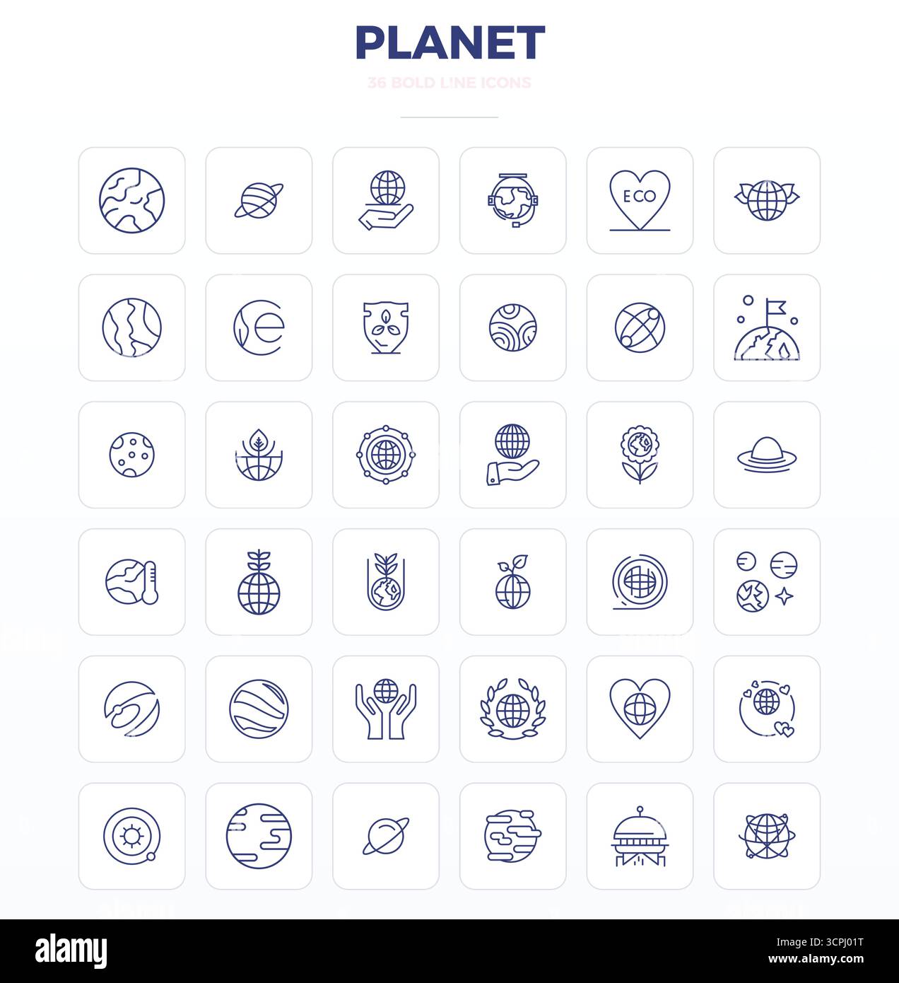 A versatile set of 36 Strong Outline PIXEL perfect vector icons focused on Planet, delivered in crisp 128x128 format ideal for mobile and web applicat Stock Vector