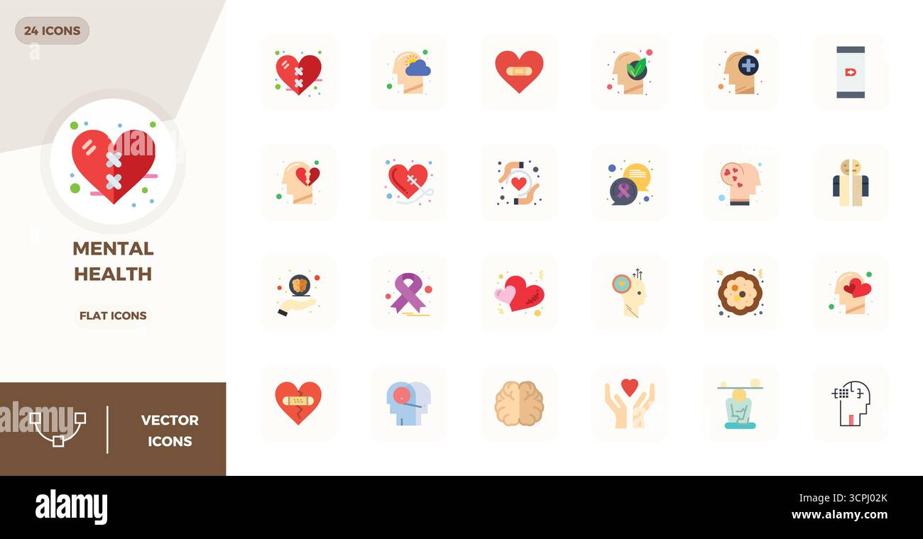 Premium collection of 24 Flat vector icons for Mental Health, meticulously crafted in 128x128 PIXEL perfect resolution for superior visual impact. Stock Vector