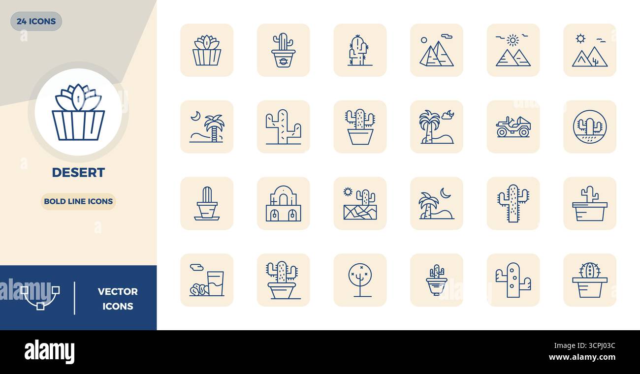 Explore 24 Bold Line PIXEL perfect vector icons in 128x128 resolution inspired by Desert. Perfect for web and app interfaces. Stock Vector