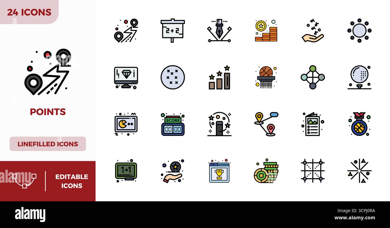 Industry-leading pack of 24 Flat Lineal Color PIXEL perfect vector icons for Points, sized at 128x128 for optimal rendering and user interface excelle Stock Vector