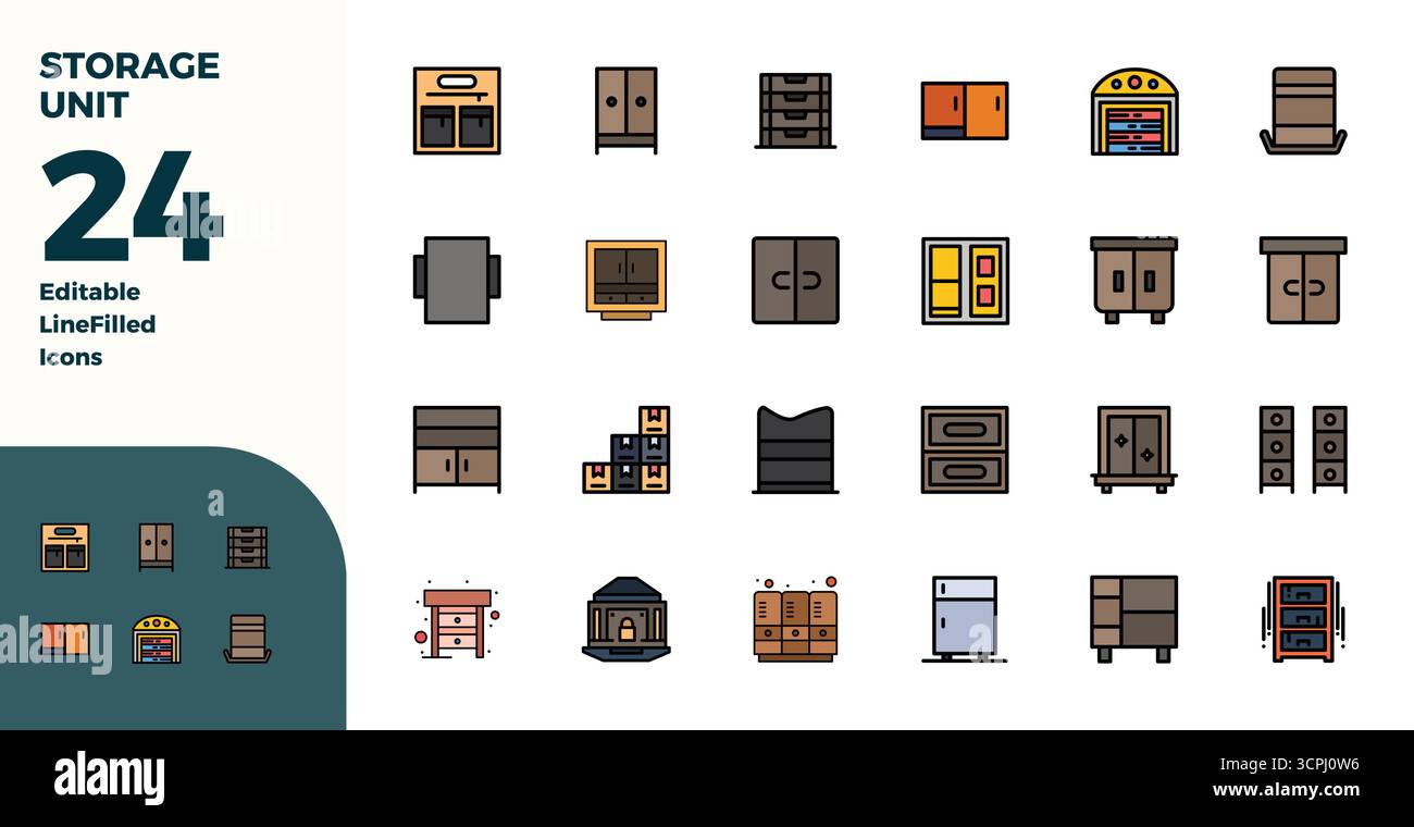 Curated pack of 24 128x128 vector icons in Duotone design, centered around Storage Unit concepts with PIXEL perfect clarity. Stock Vector