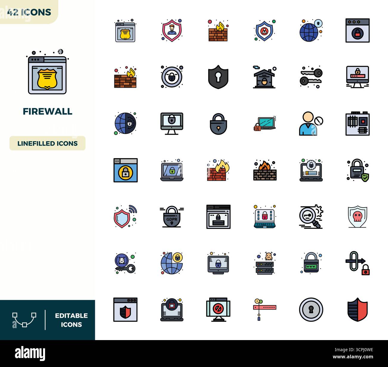 Masterfully created 42 vector icons representing Firewall in Flat ...