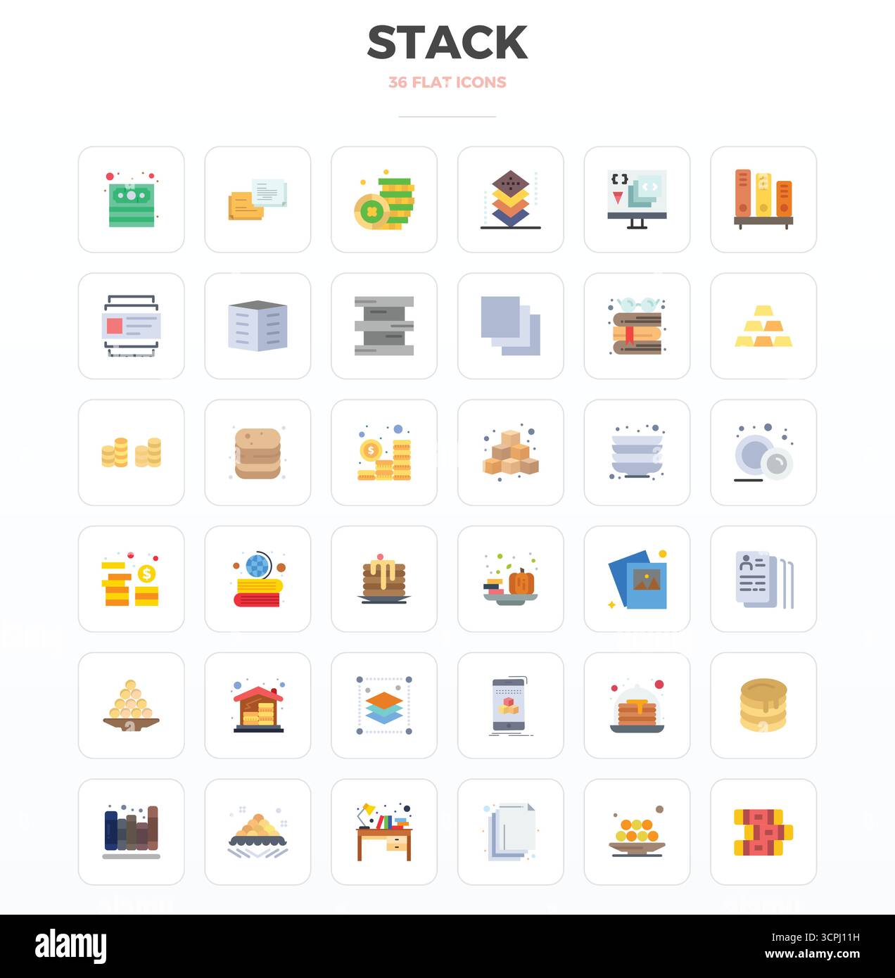 This collection features 36 Minimal Flat PIXEL perfect vector icons tailored to the Stack theme, optimized in 128x128 format for digital design. Stock Vector