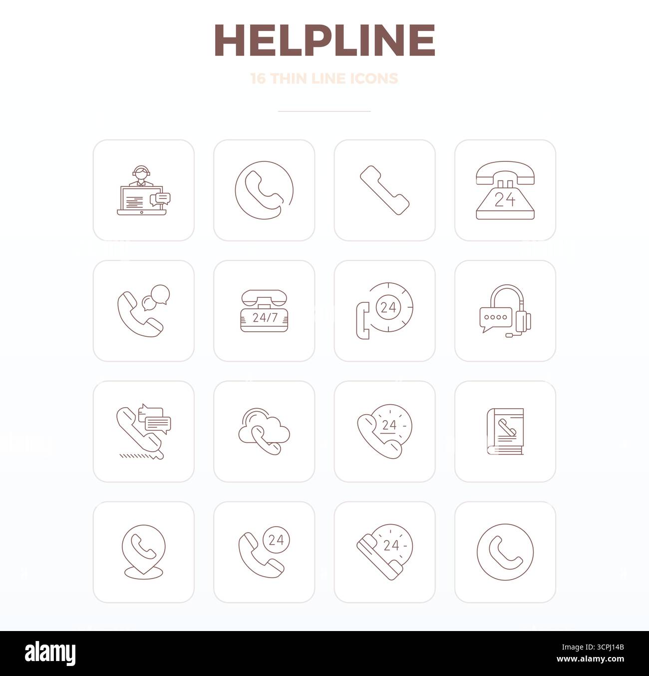 Industry-leading pack of 16 Thin Outline PIXEL perfect vector icons for Helpline, sized at 128x128 for optimal rendering and user interface excellence Stock Vector