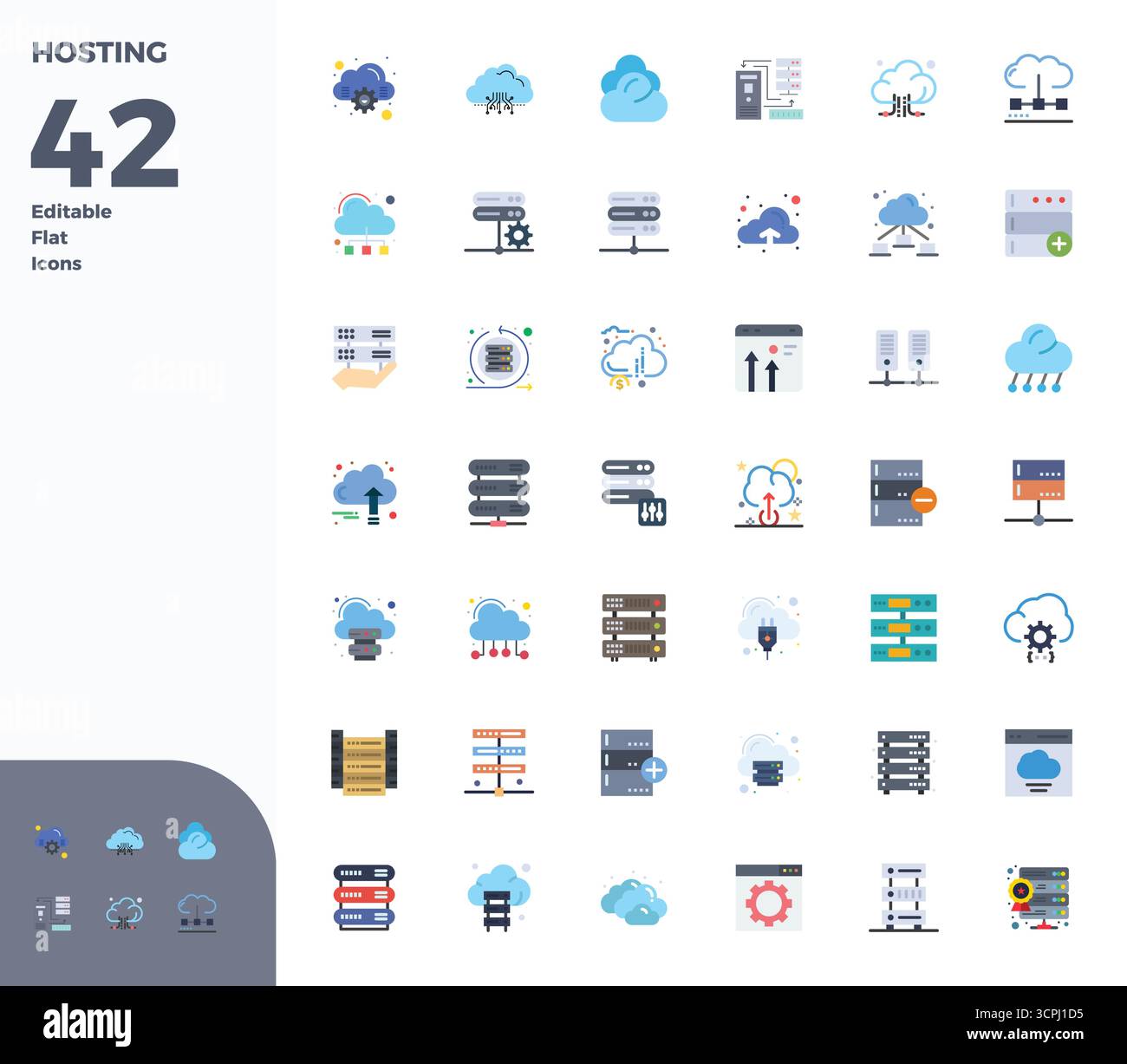 Essential pack of 42 PIXEL perfect vector icons for Hosting in Flat format, sized at 128x128 for optimal performance and scalability. Stock Vector