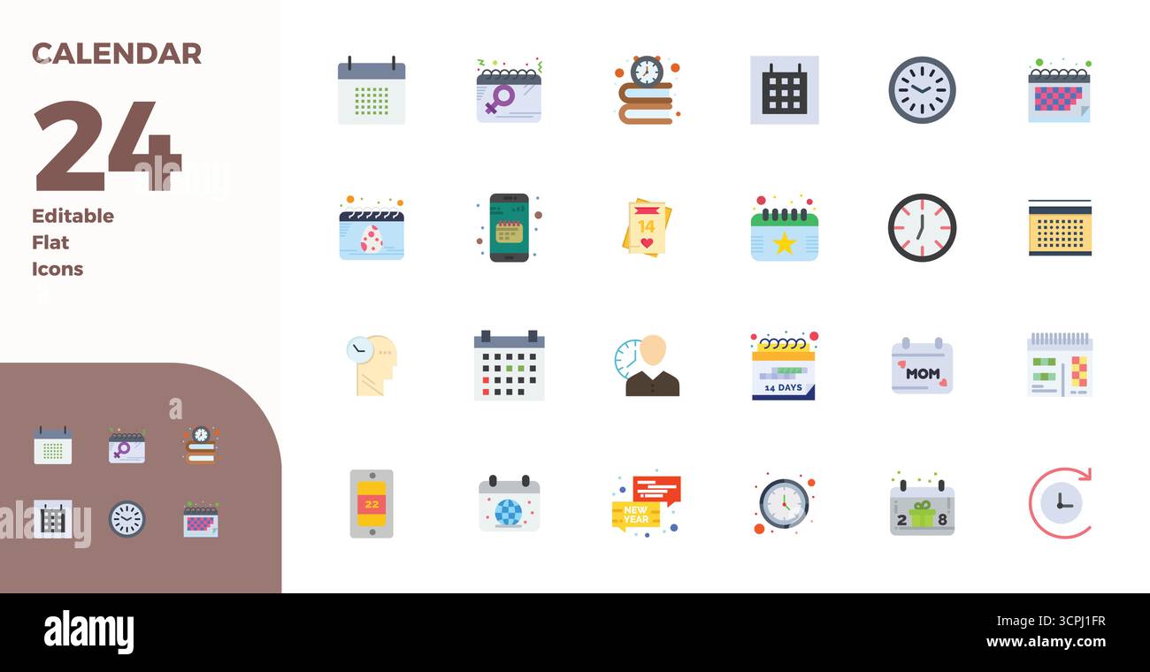 Masterfully created 24 vector icons representing Calendar in Flat ...