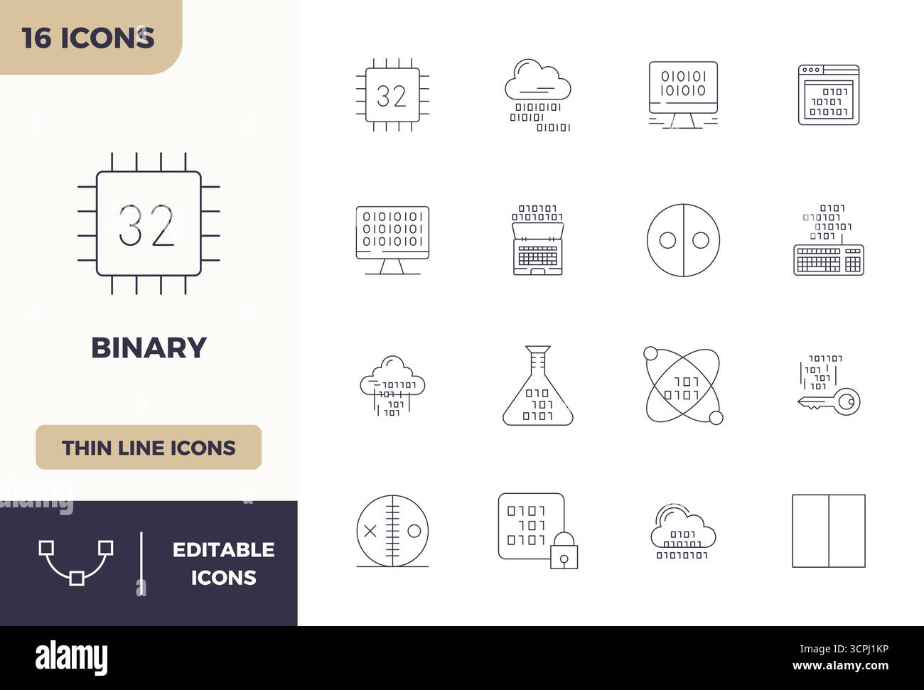 This Binary vector icon pack includes 16 Minimal Line designs in 128x128 PIXEL perfect format, perfect for enhancing digital interfaces. Stock Vector