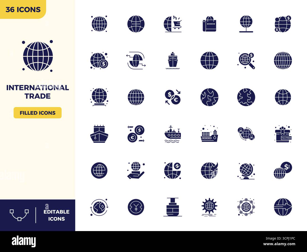 Strategic bundle featuring 36 vector icons representing International ...