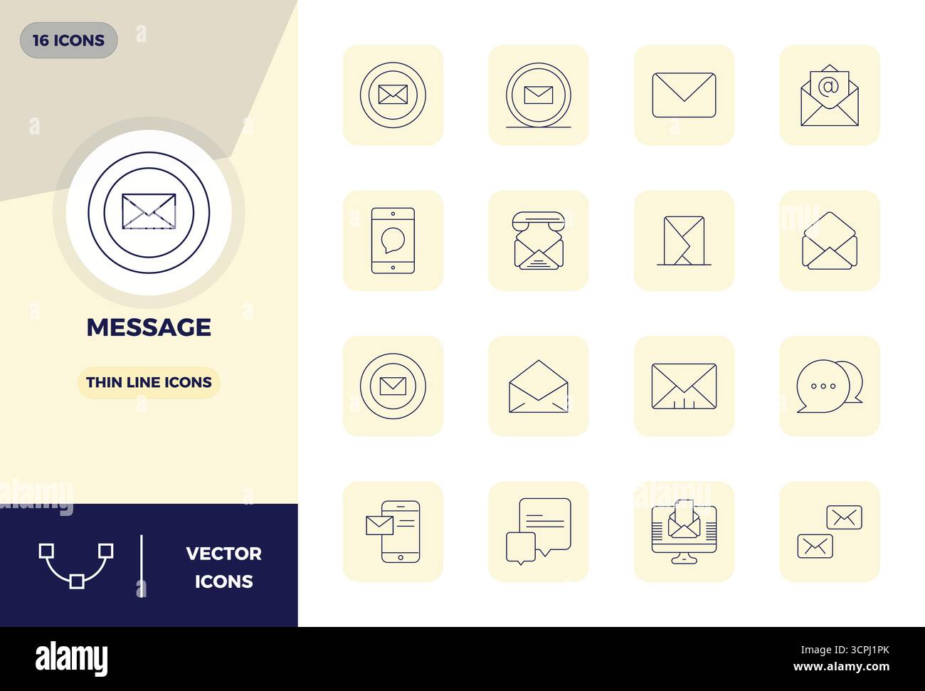 Industry-leading pack of 16 Thin Line PIXEL perfect vector icons for Message Icon, sized at 128x128 for optimal rendering and user interface excellenc Stock Vector