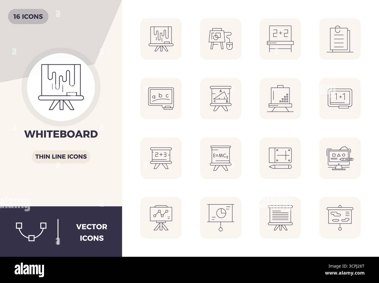 Exceptional collection of 16 Thin Line vector icons for Whiteboard, delivered in 128x128 PIXEL perfect resolution for unparalleled visual excellence a Stock Vector