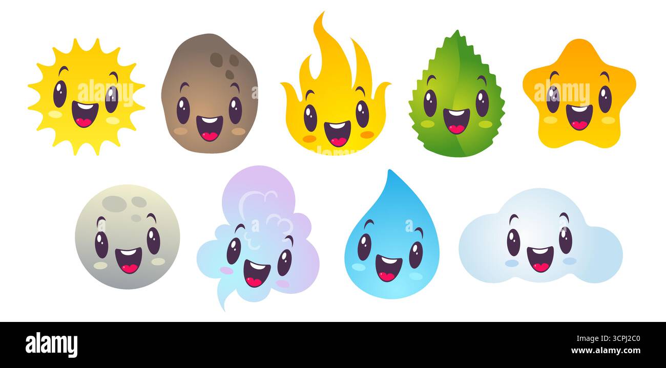 Vector illustration of nature elements in kawaii style. Vector set ...