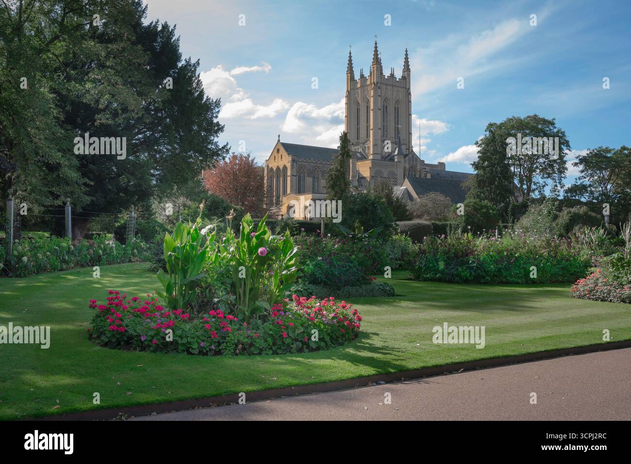 Cathedral UK England, view in summer of St Edmundsbury cathedral and the Abbey Gardens sited in the Suffolk town of Bury St Edmunds, England, UK Stock Photo
