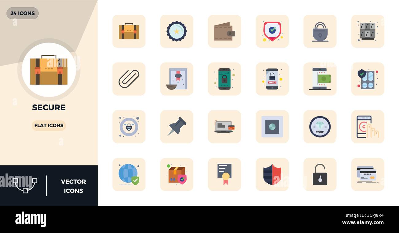 This Secure vector icon pack includes 24 Flat designs in 128x128 PIXEL perfect format, perfect for enhancing digital interfaces. Stock Vector