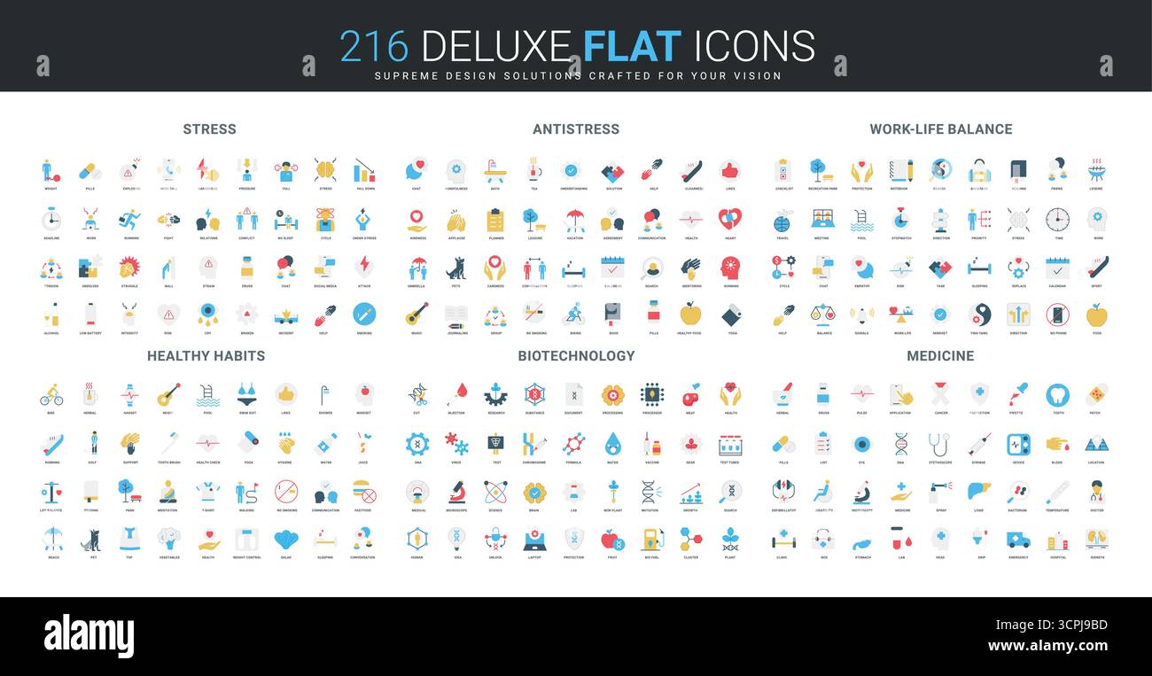 Flat icon set covering stress, antistress, work-life balance, healthy ...