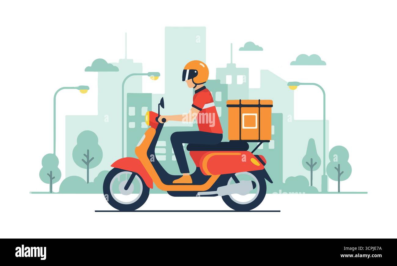 Food Delivery Scooter Rider in City - Vector Illustration Stock Vector ...