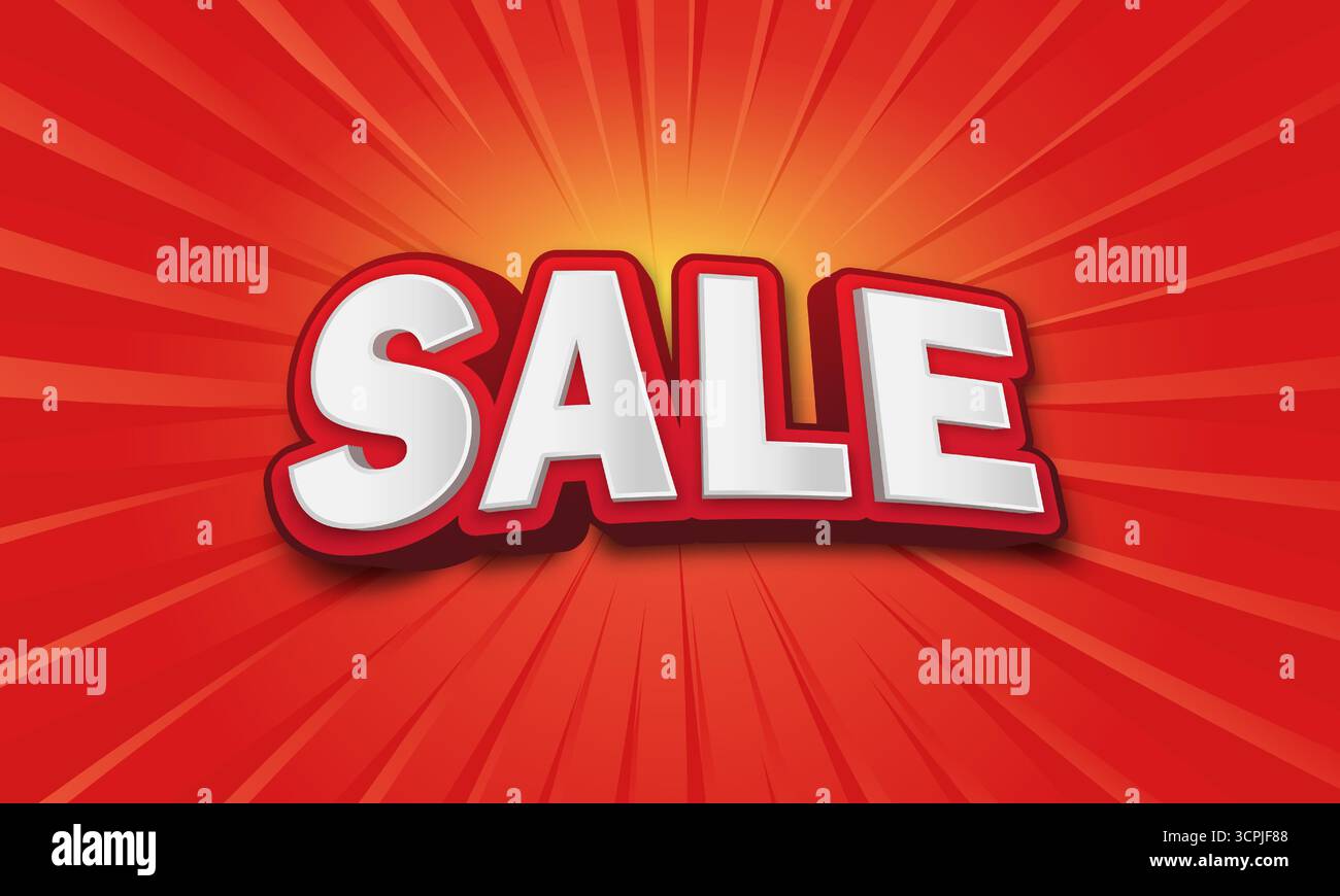 Text Sale with 3d effect on a background with red radial rays. Stock Vector