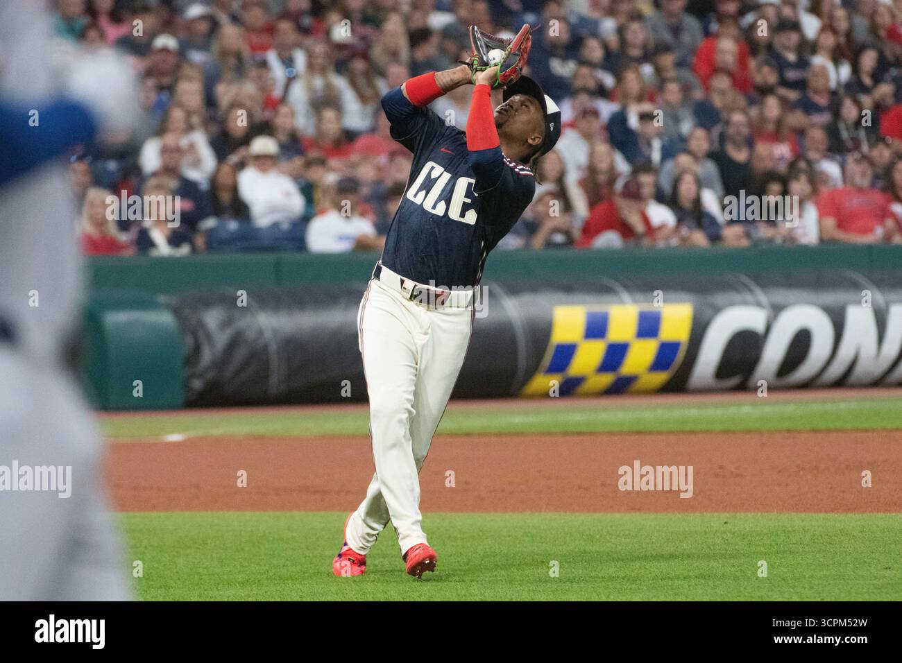 Cleveland Guardians Jose Ramirez Catches A Pop Fly By Texas Rangers Jonah Heim During The Cleveland Guardians Jose Ramirez Catches A Pop Fly By Texas Rangers Jonah Heim During The First Inning Of A Baseball Game Friday Sept 26 2025 In Cleveland Ap Photophil Long 3CPM52W