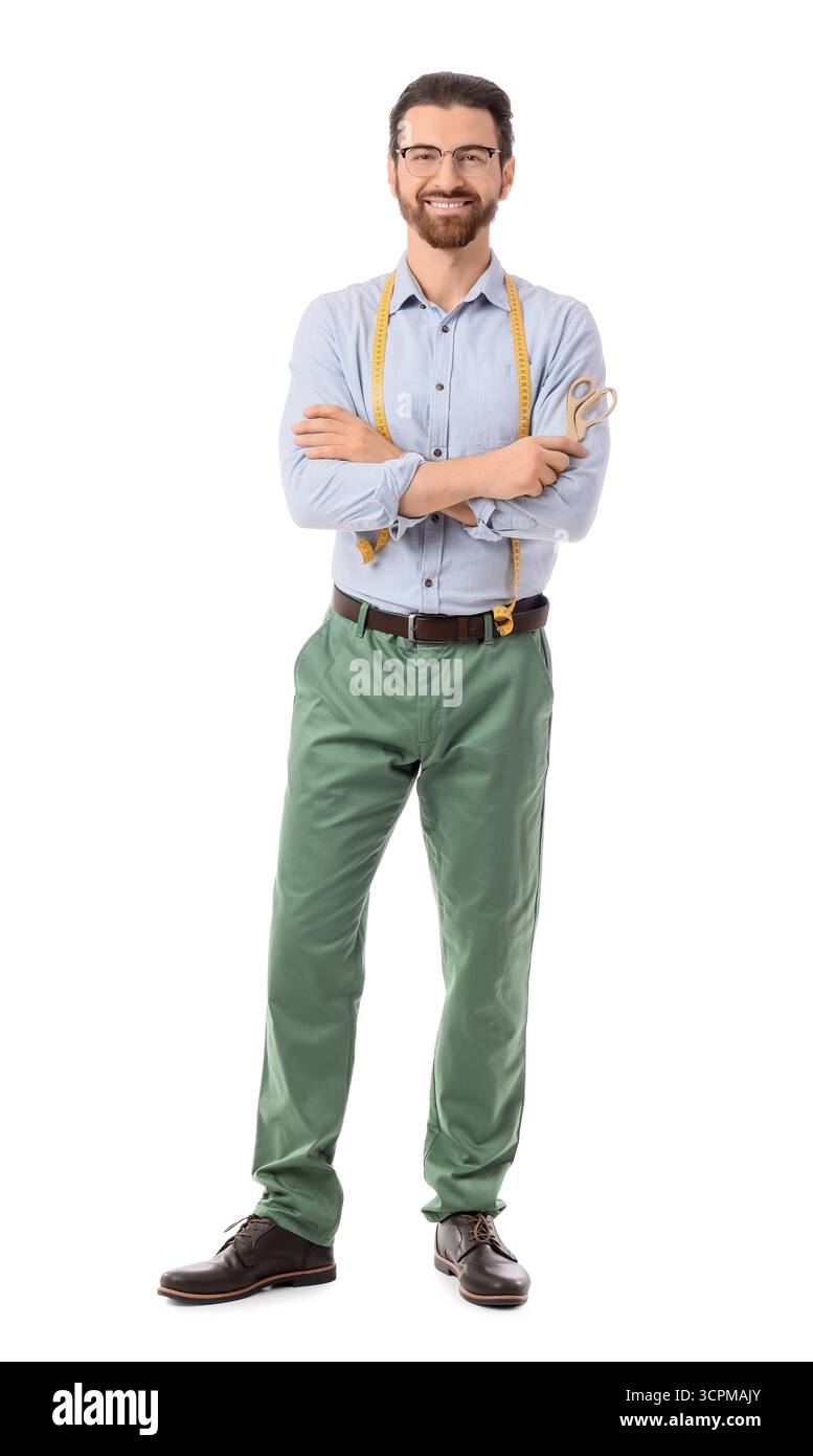 Male tailor with scissors on white background Stock Photo