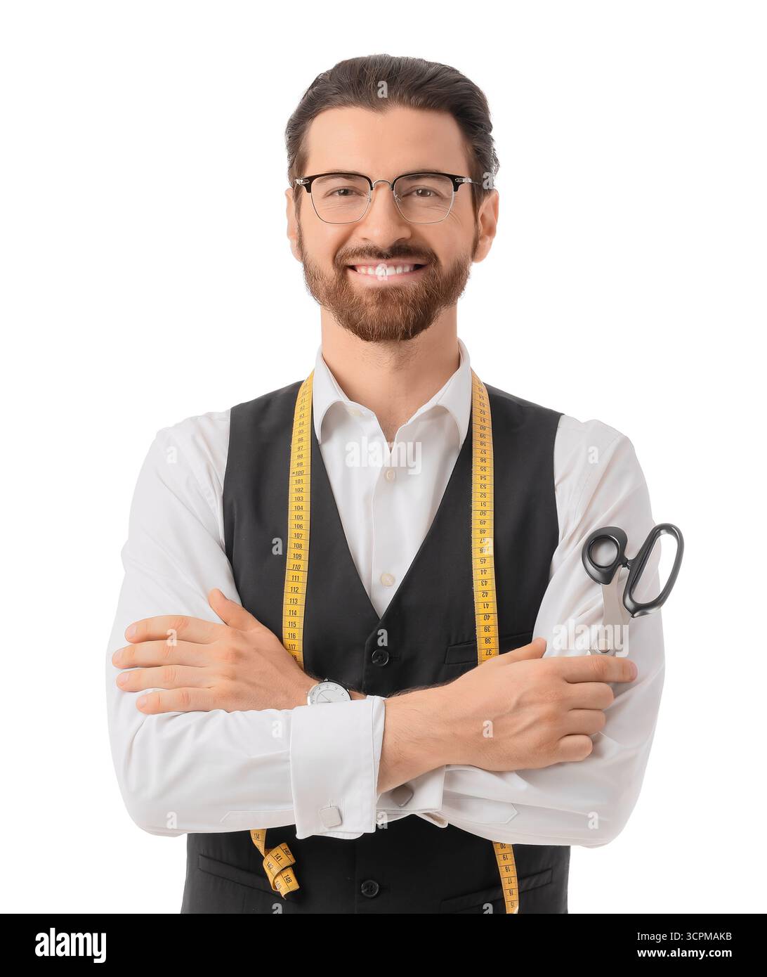 Male tailor with scissors on white background Stock Photo