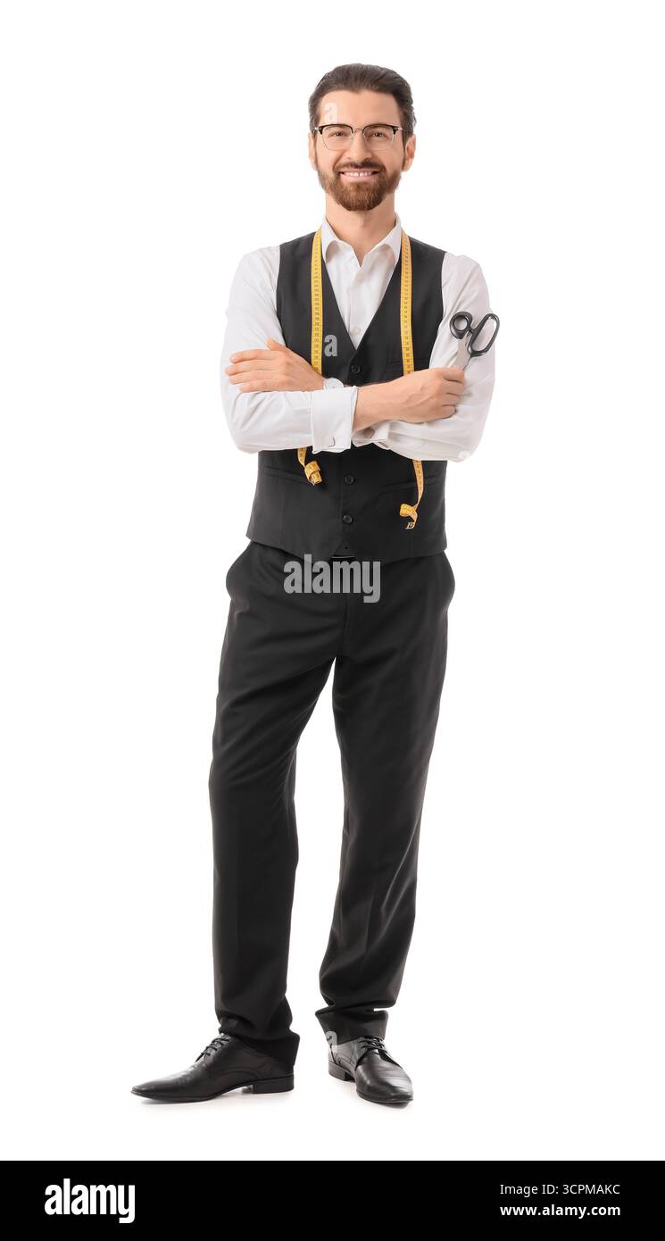 Male tailor with scissors on white background Stock Photo