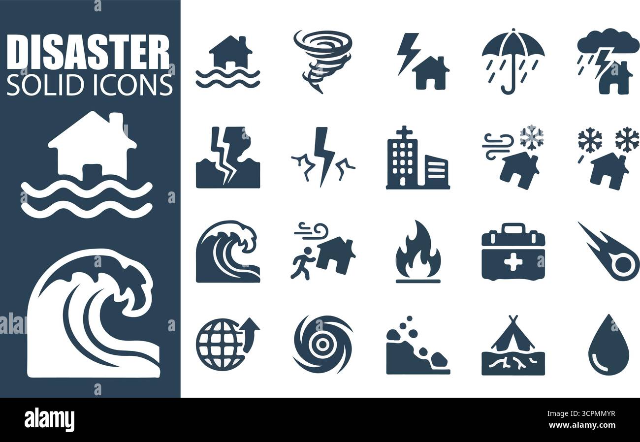 DISASTER Solid Icons | Emergency, Crisis & Safety Vector Symbols Stock Vector