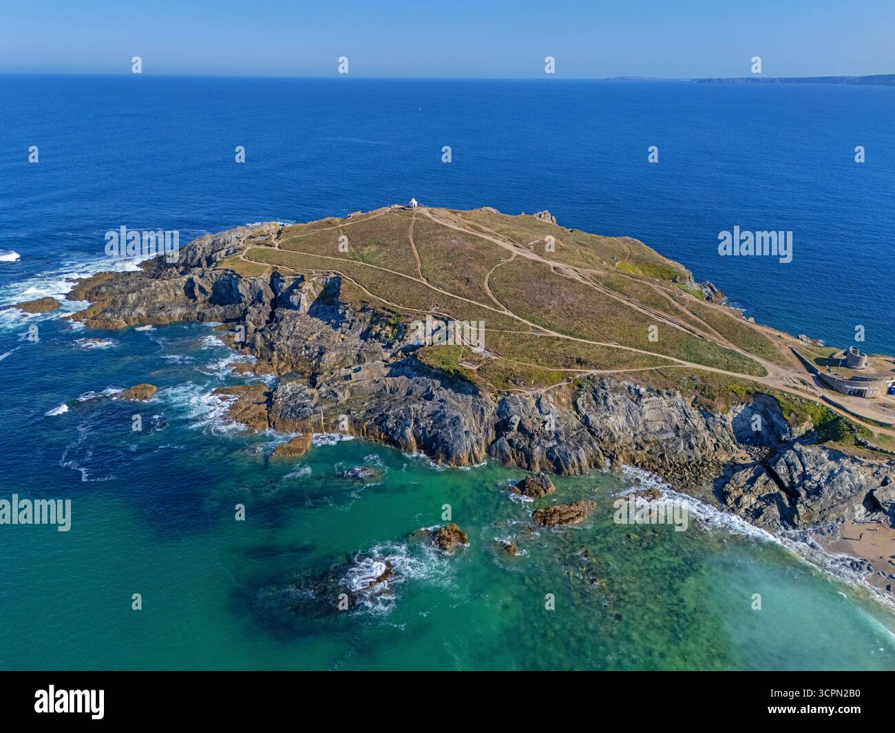 Towan Headland, Newquay, United Kingdom. 08.25.2025 Aerial Image of Towan Headland in Newquay, Cornwall. 25th August 2025. Stock Photo