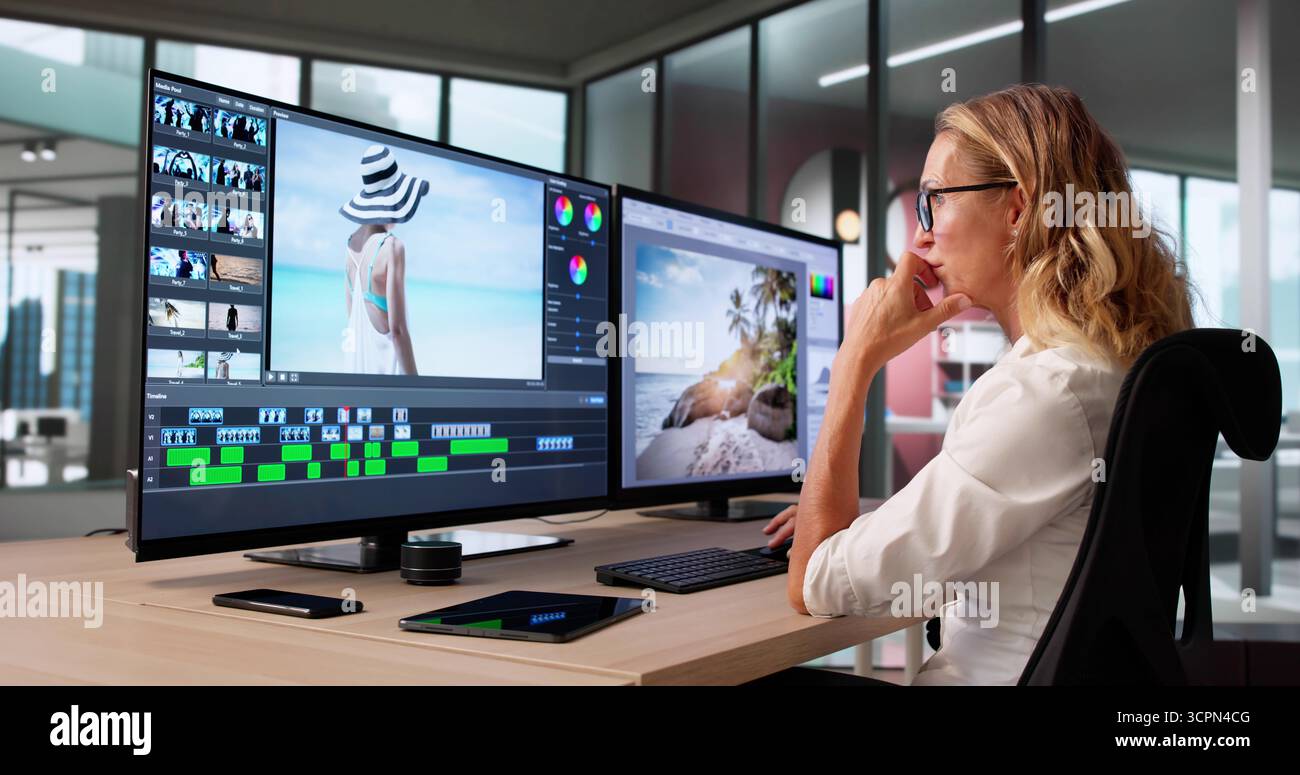 Woman Editing Video With Software On Desktop Computer Editor Stock Photo