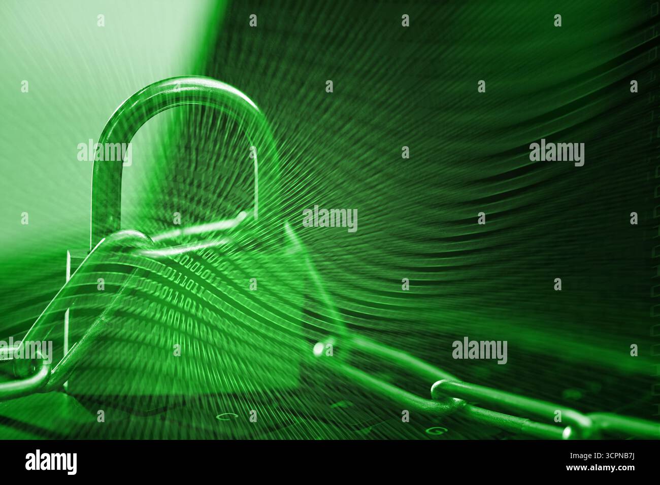 Padlock with chain on laptop and binary code, toned in green. Cyber security Stock Photo