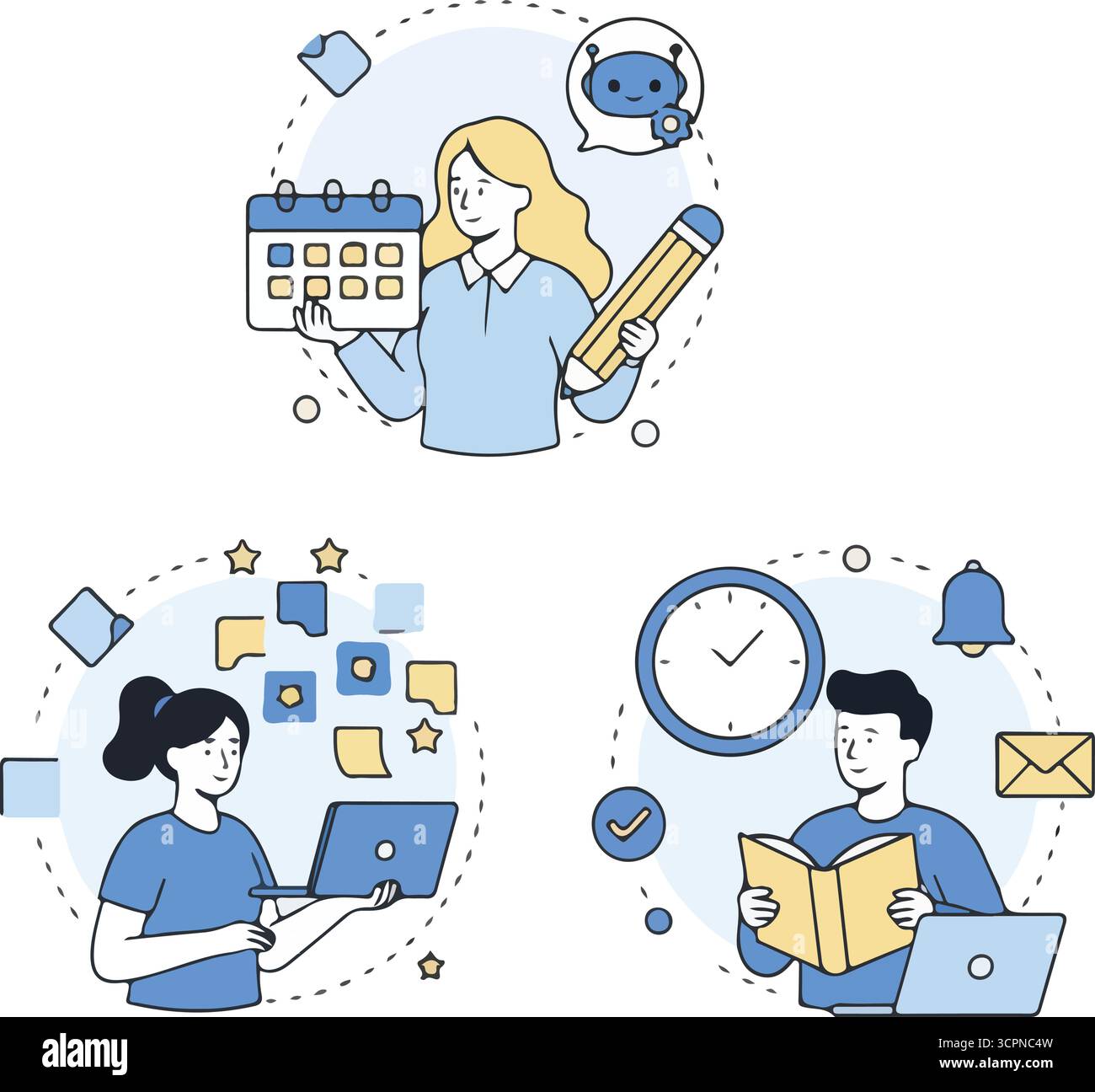 Schedule set. Characters using artificial intelligence generative tools for time management. Scheduling, task performance, calendar organizing concept Stock Vector