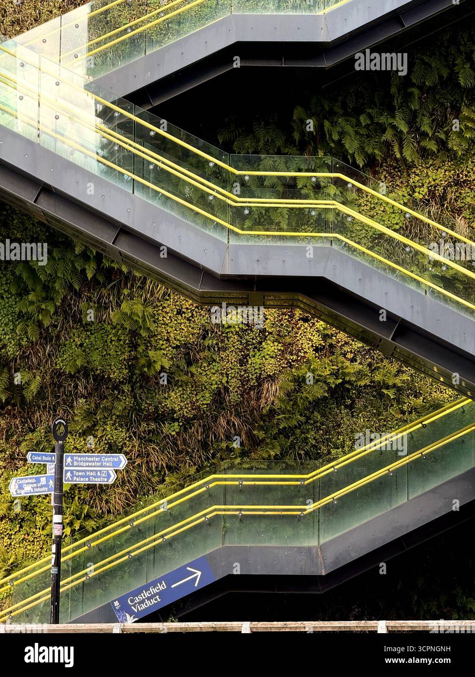 Stairs to Castlefield viaduct against a living vegetation covered wall at Deansgate in Manchester City centre - Smartphone Captured Stock Image
