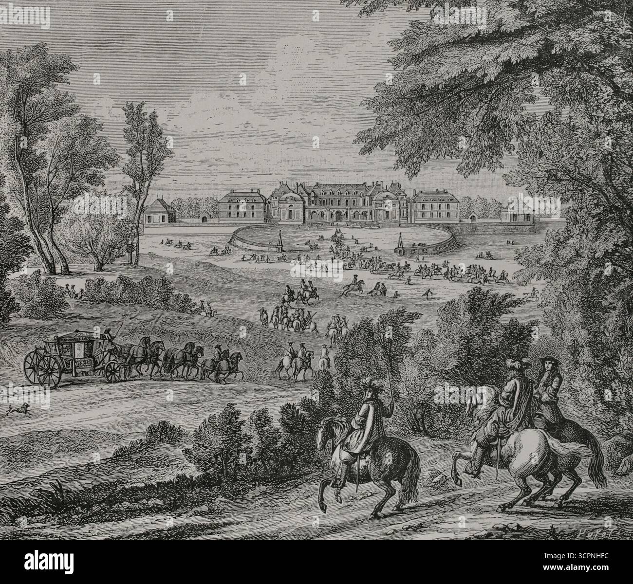 France. Arrival of King Louis XIV (1638-1715), preceded by his guard, at the former Palace of Versailles. Engraving by Huyot based on a painting by Flemish painter Adam Frans van der Meulen (1632-1690), engraved by Adrien François Baudouin (Adriaen Frans Boudewyns) (1644-1719), 1685. Detail. XVIIme siècle: lettres, sciences et arts, France 1590-1700 (17th century: letters, sciences and arts), by Paul Lacroix. Published in Paris by Librairie de Firmin-Didot et Cie, 1882. Stock Photo