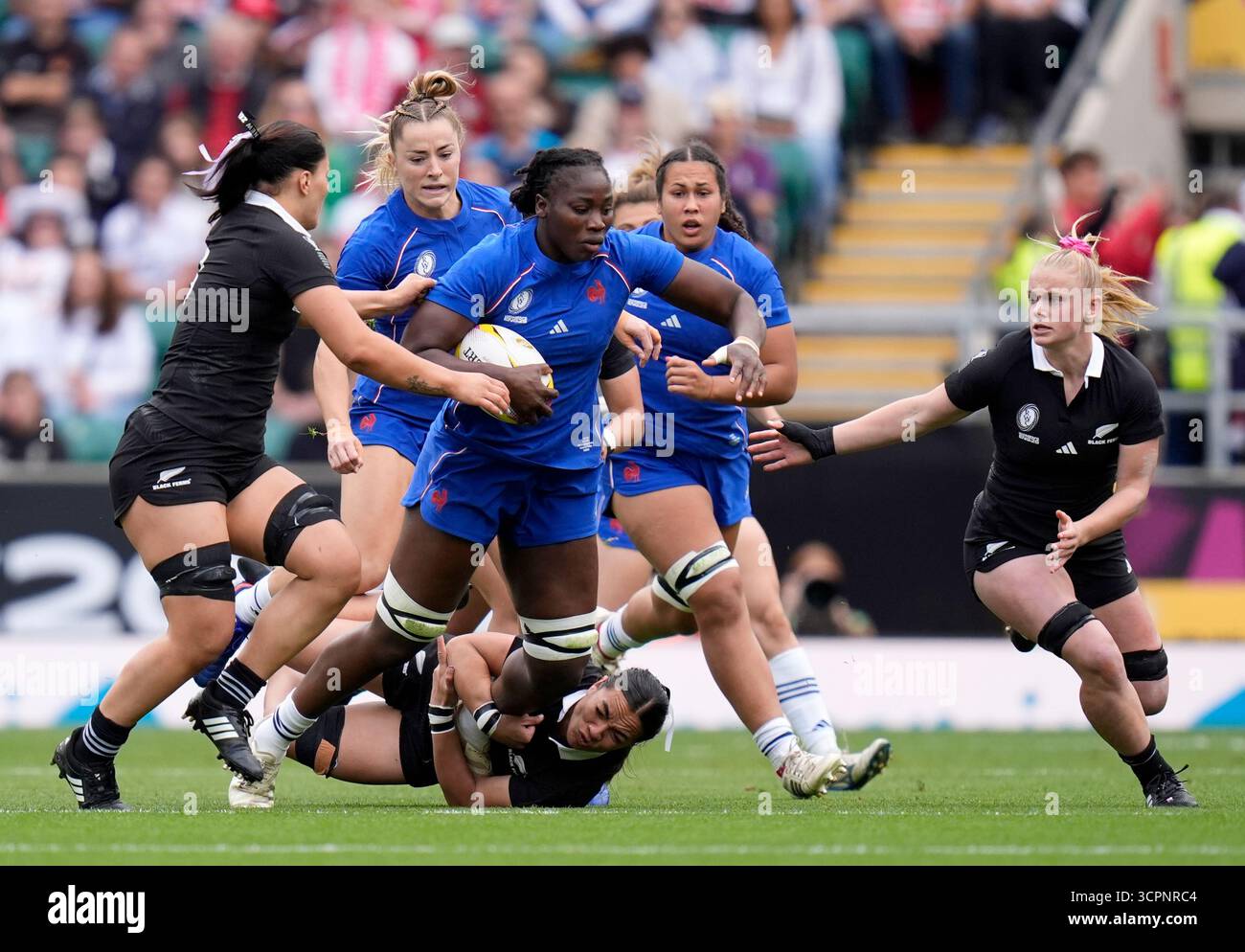 Mathilde Raclot France's Madoussou Fall Raclot is tackled by New Zealand's Stacey Waaka ...