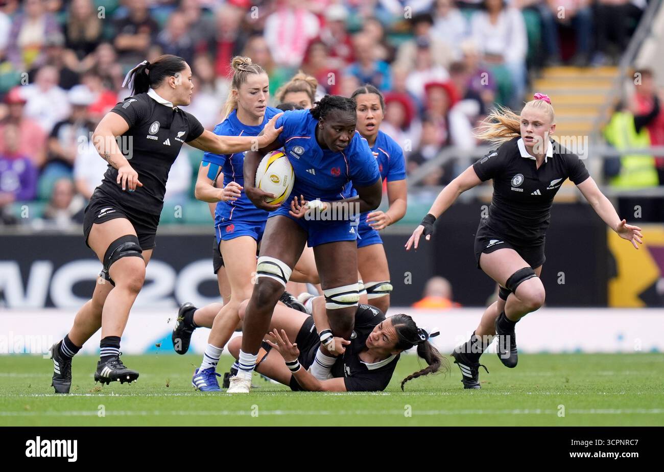 Mathilde Raclot France's Madoussou Fall Raclot is tackled by New Zealand's Stacey Waaka ...