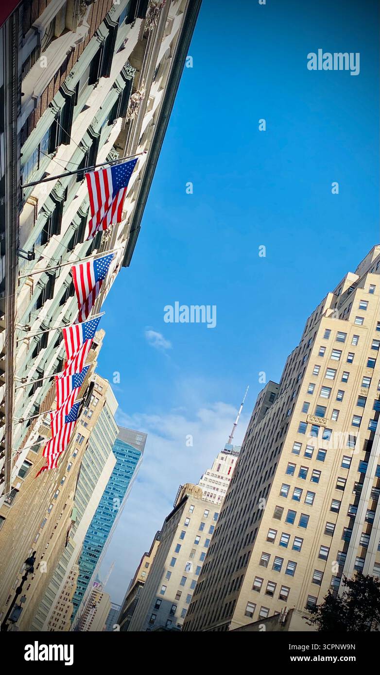 American Flags Hanging from Urban Buildings under Clear Blue Sky - Smartphone Captured Stock Image