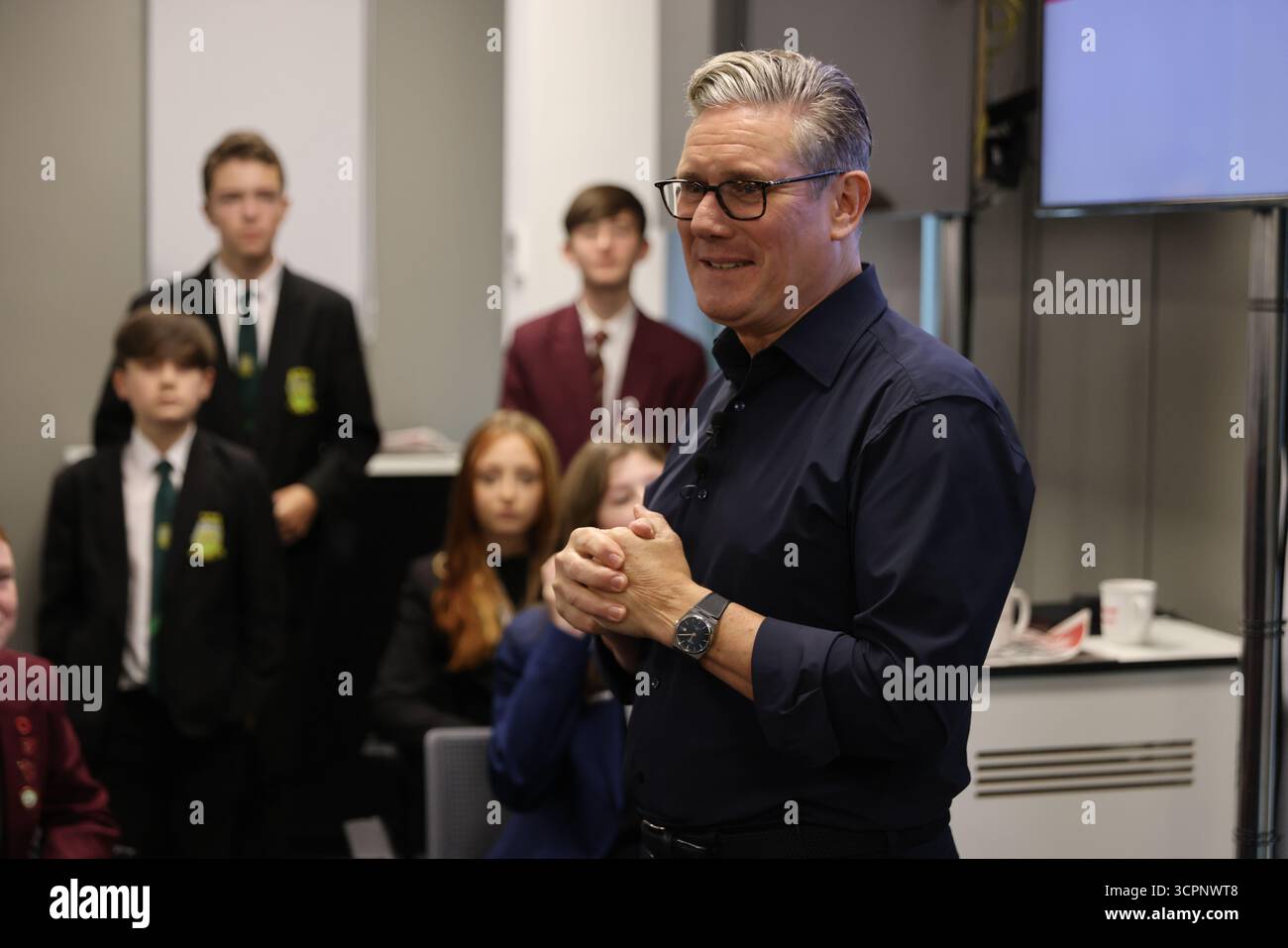Prime Minister Sir Keir Starmer meets secondary school students during a visit to the Liverpool Echo. Picture date: Saturday September 27, 2025. Stock Photo