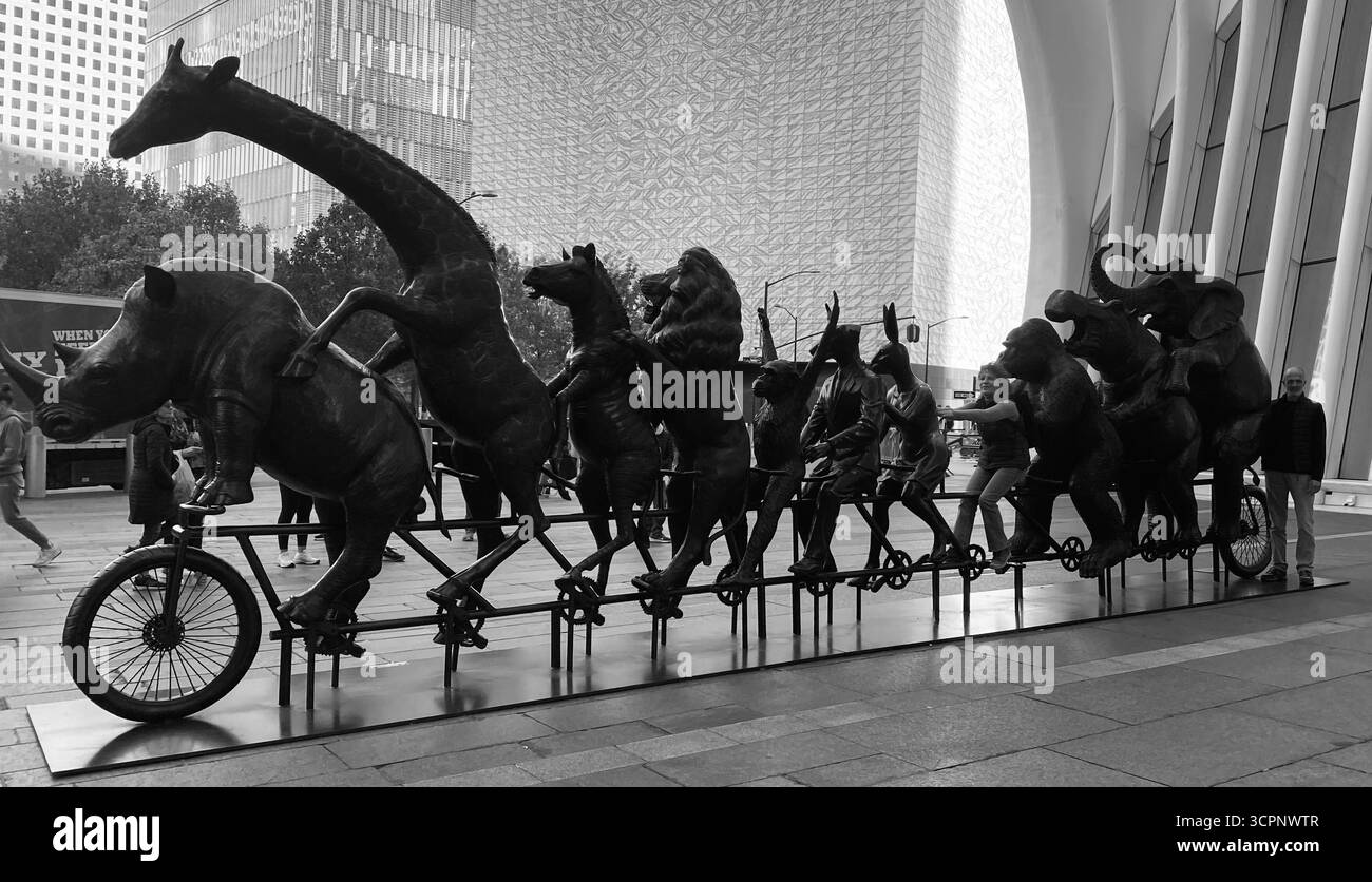 Black and White Urban Sculpture of Animals and Figures - Smartphone Captured Stock Image