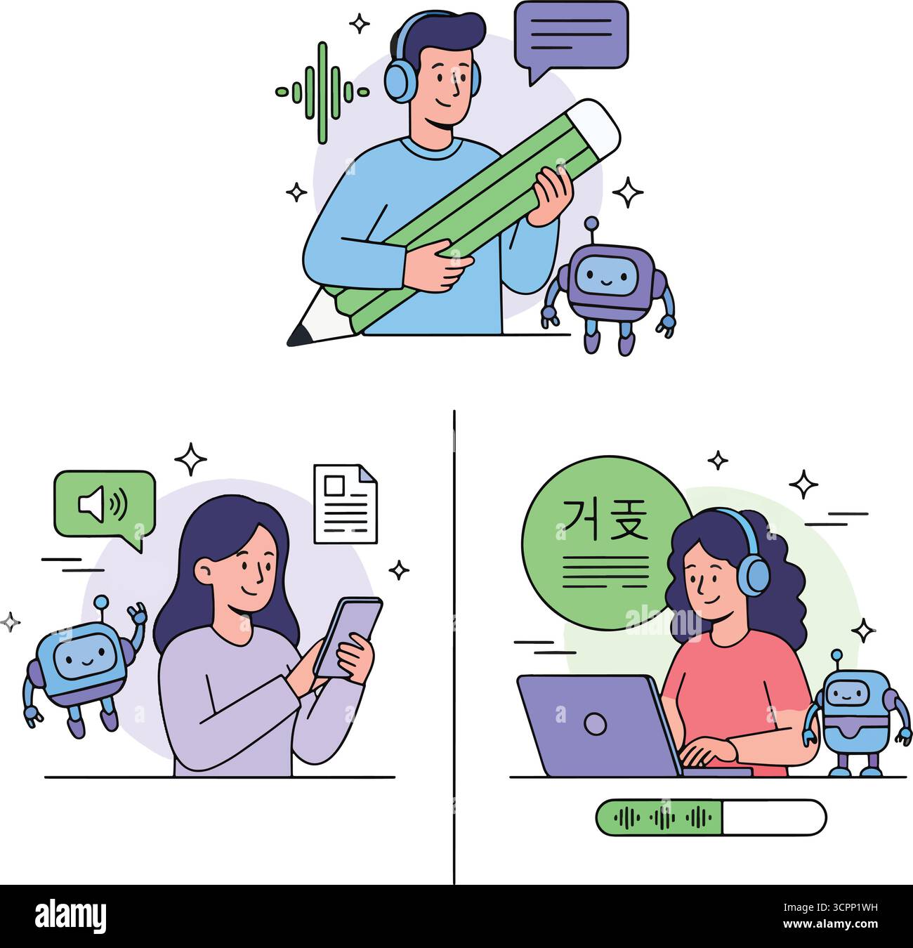 Ai audio set. Characters and artificial intelligence robot generate music from text, convert speech to transcription, translate foreign language words Stock Vector